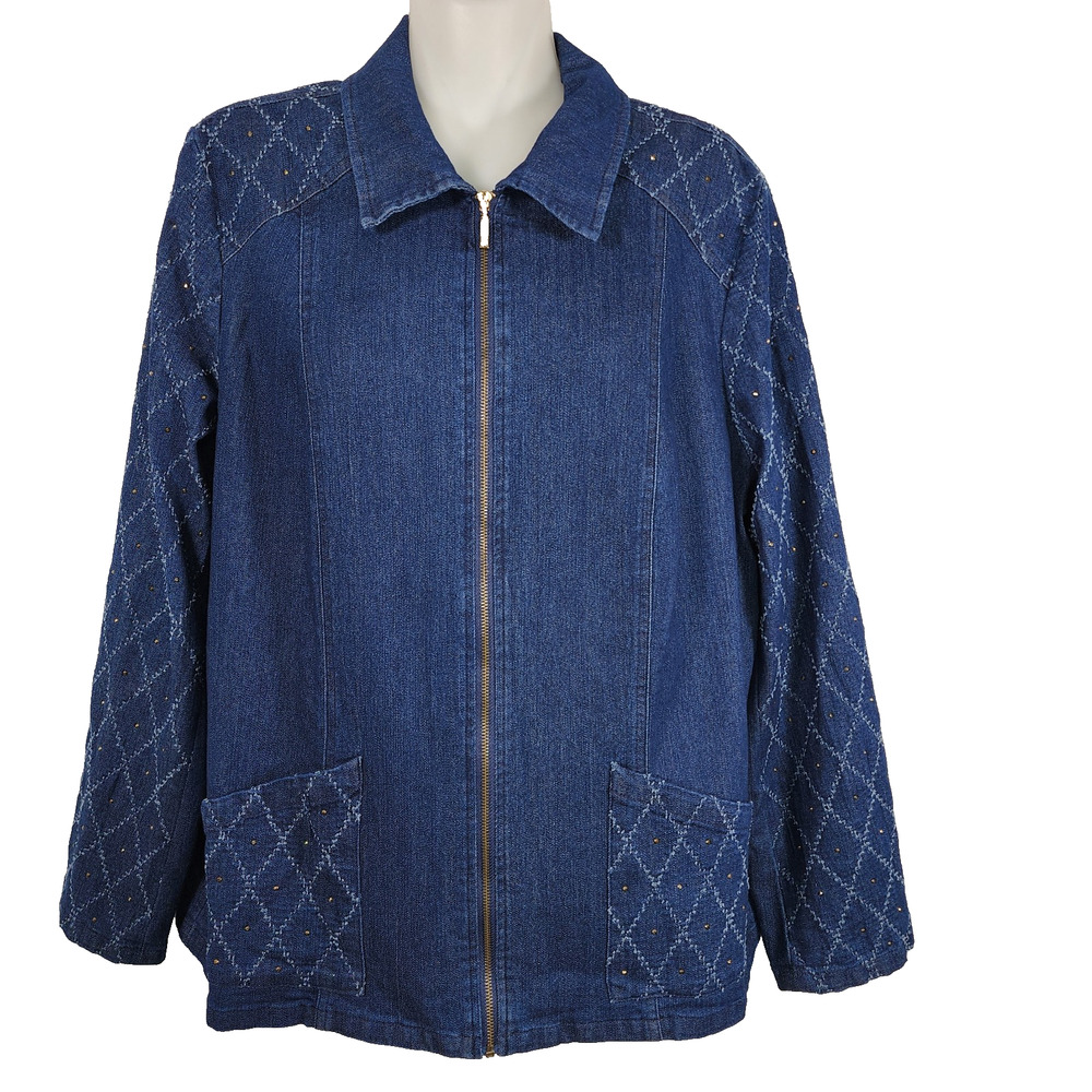 Alfred Dunner Womens Denim Jean Jacket Size 12 Blue Studded Zip Western 90s Y2K